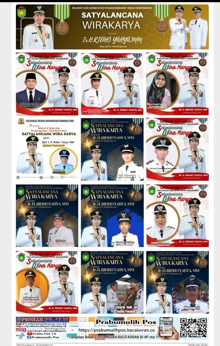Selamat Atas Penghargaan  Satya Lencana Wira Karya kepada Bpk Ir. H. Ridho Yahya, MM selaku walikota